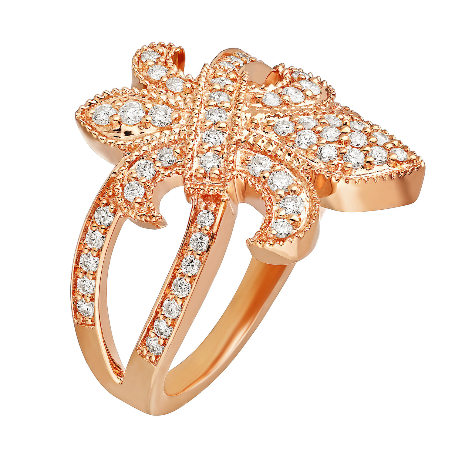 Lis Royale&trade; 14K Rose Gold Offset Fleur-De-Lis Split Shank Ring 0.50 Ctw Diamond