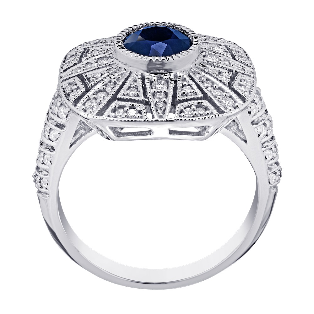 Vintage Treasures&trade; 14k White Gold Square Cushion Shape with Milgrain Edged Center Bezel Ring Diamond & Blue Sapphire 1.50 Ctw