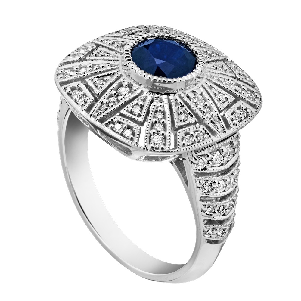 Vintage Treasures&trade; 14k White Gold Square Cushion Shape with Milgrain Edged Center Bezel Ring Diamond & Blue Sapphire 1.50 Ctw