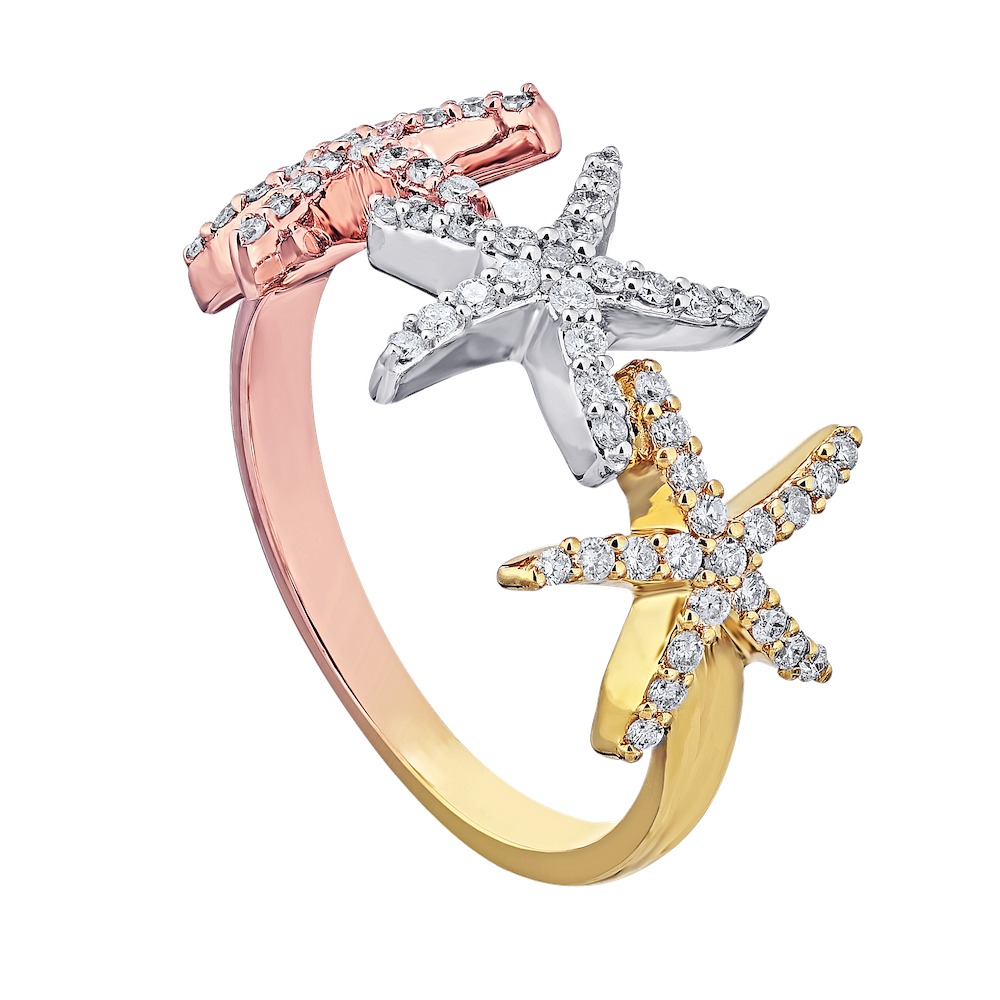 Oceanity&trade; 14K Ring Three Tri Colored Starfish Pave Set Diamond 0.40 Ctw