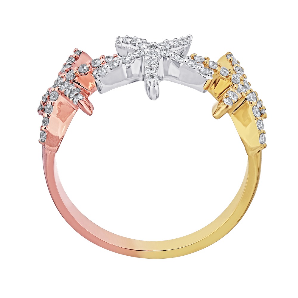 Oceanity&trade; 14K Ring Three Tri Colored Starfish Pave Set Diamond 0.40 Ctw