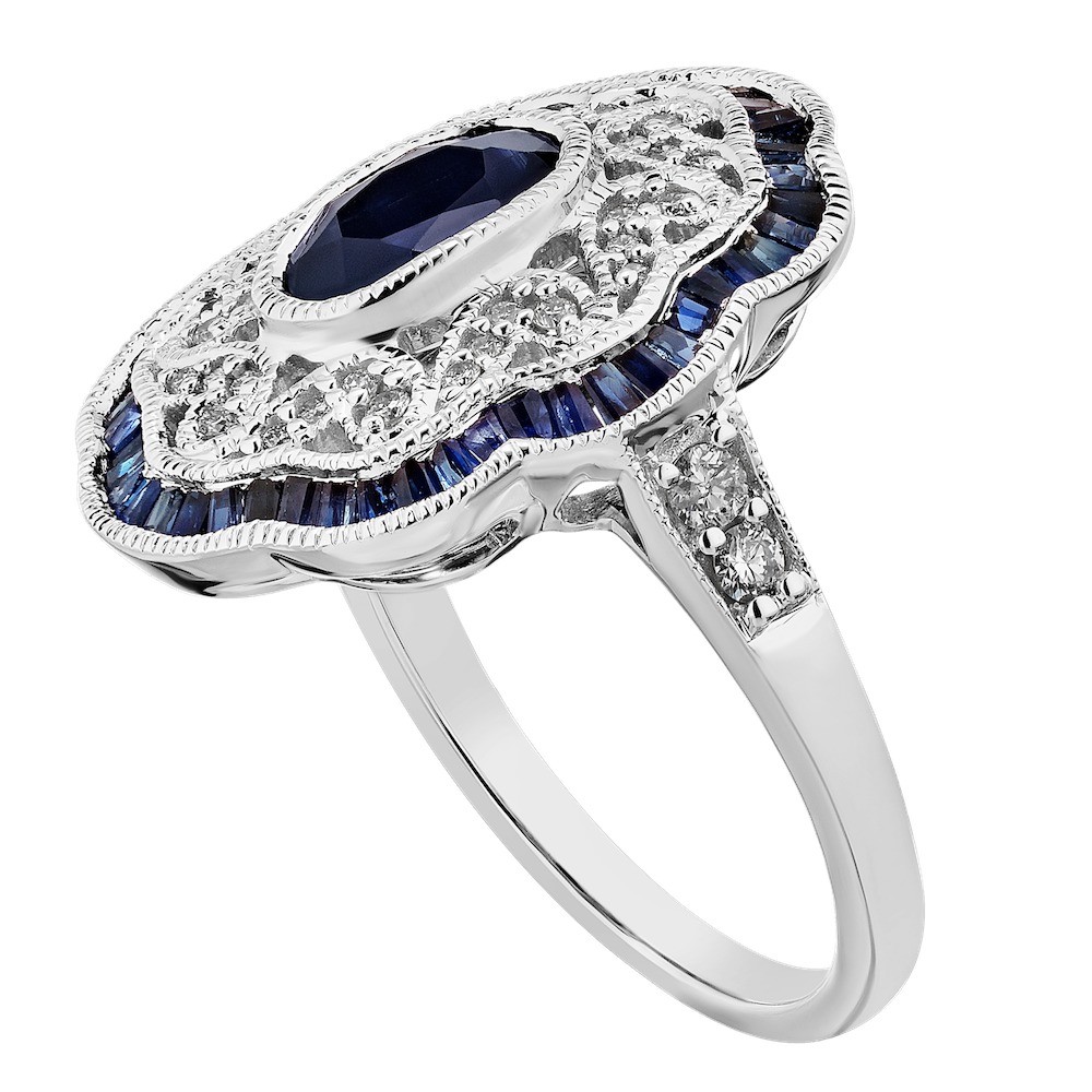 Vintage Treasures&trade; 14k White Gold Oval Shaped with Scalloped Edge Ring Diamond & Blue Sapphire 2.50 Ctw