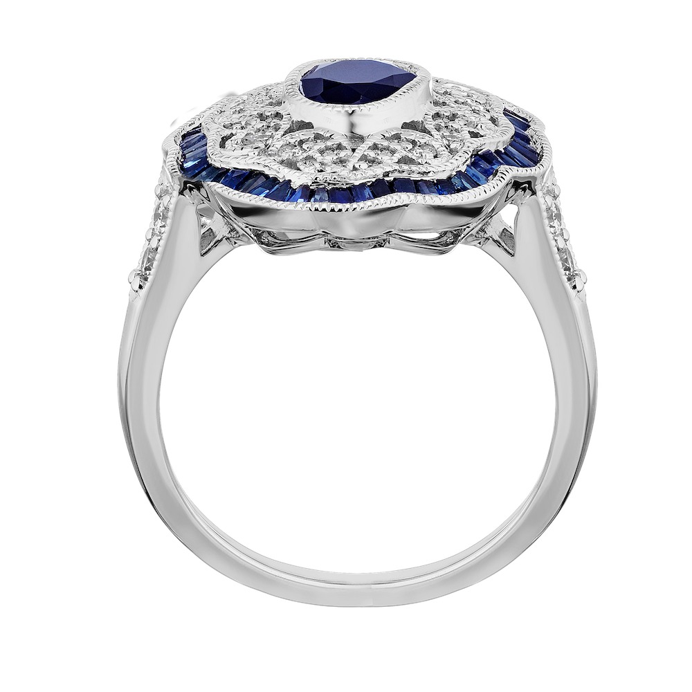 Vintage Treasures&trade; 14k White Gold Oval Shaped with Scalloped Edge Ring Diamond & Blue Sapphire 2.50 Ctw
