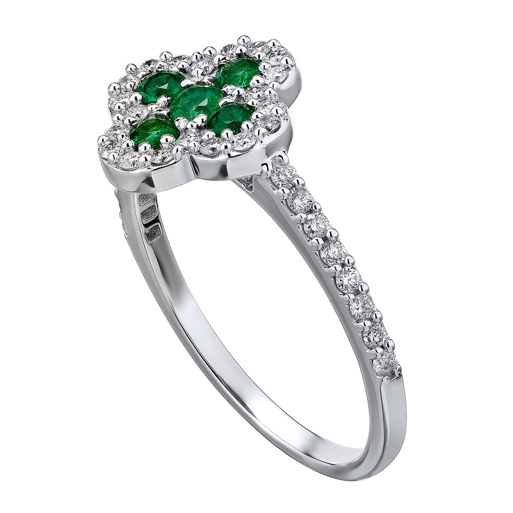 Majestic Gems&trade; 14k White Gold Color Clover with Halo Emerald Round & Diamond 0.60 Ctw