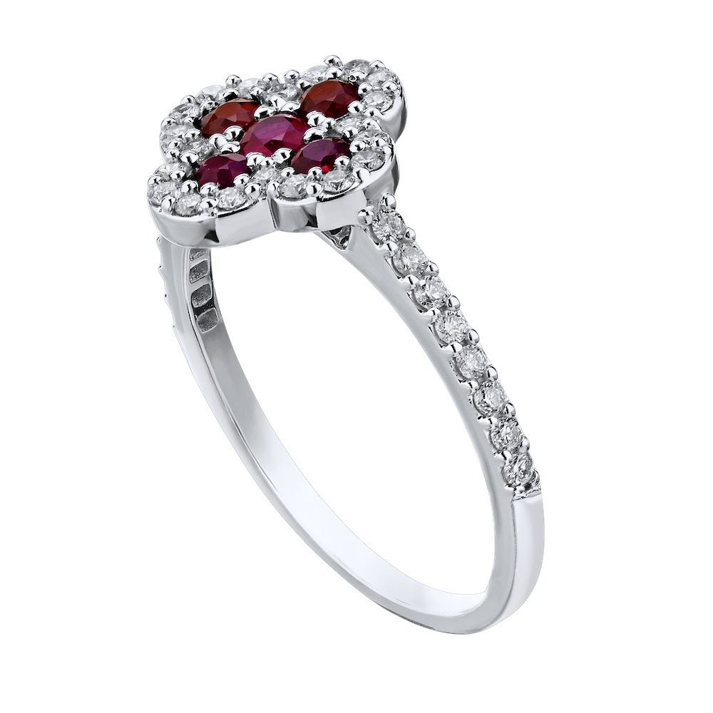 Majestic Gems&trade; 14k White Gold Color Clover with Halo Ruby & Diamond 0.60 Ctw