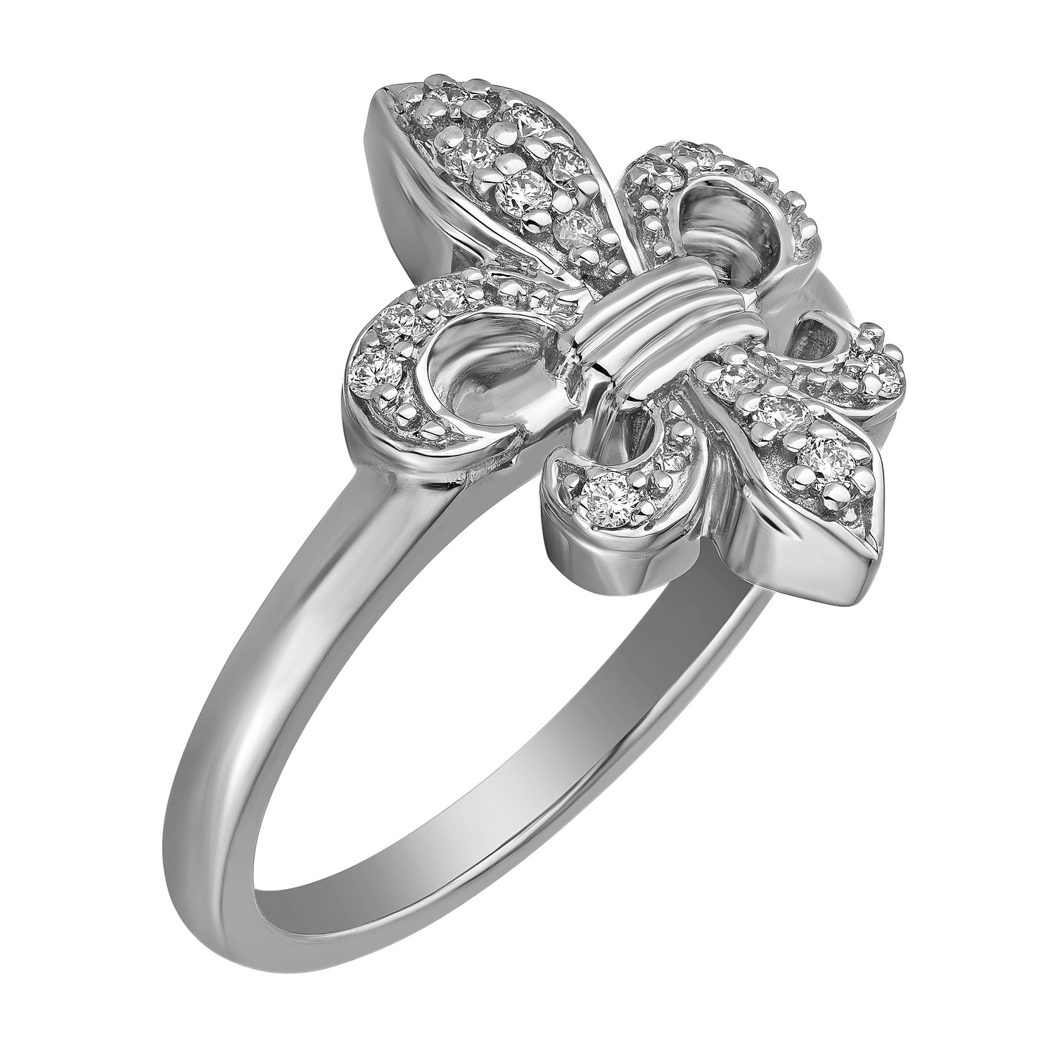 Lis Royale&trade; 14K White Gold Pave Fleur-De-Lis 3 Polished Bars Center Ring 0.15 Ctw Diamond