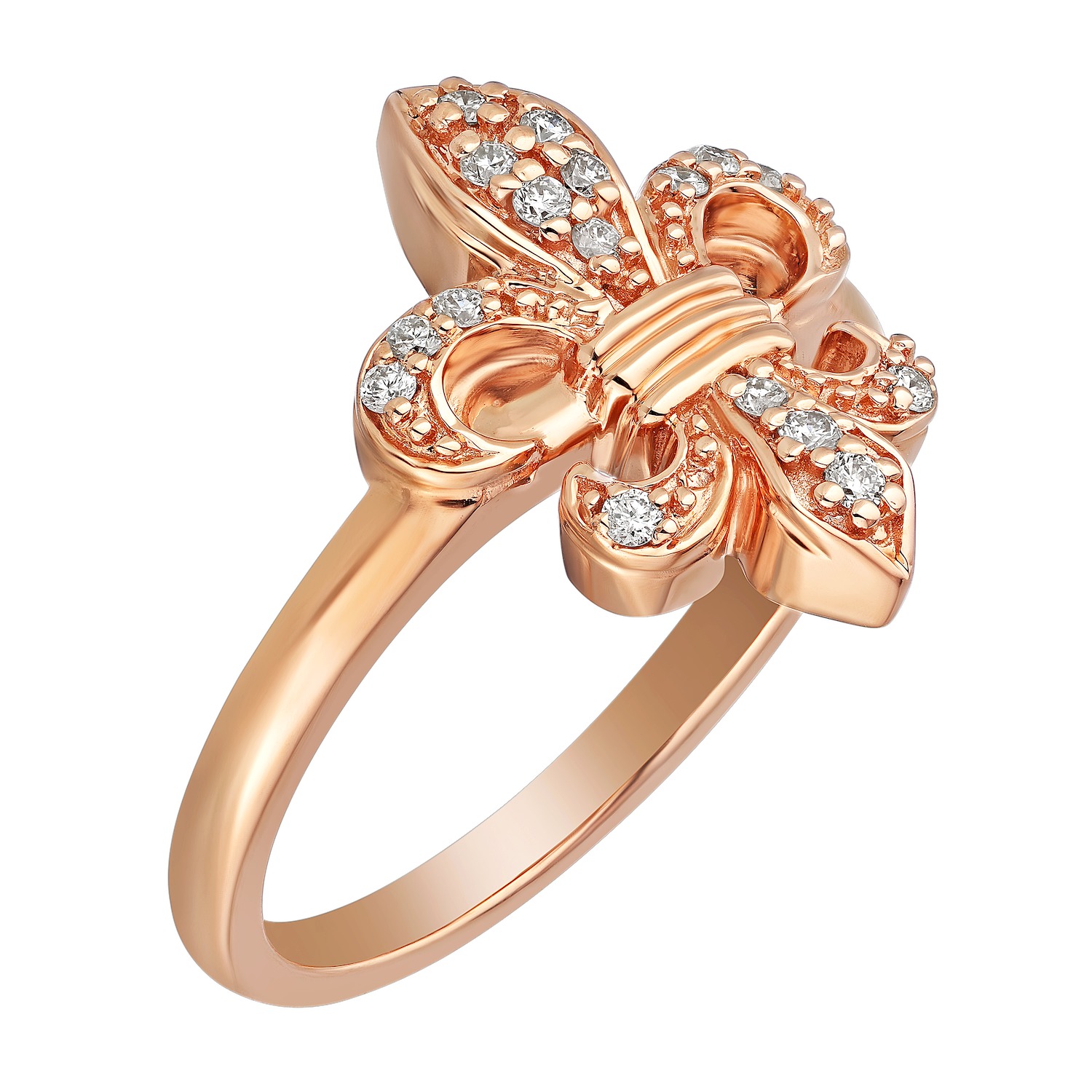 Lis Royale&trade; 14K Rose Gold Pave Fleur-De-Lis 3 Polished Bars Center Ring 0.15 Ctw Diamond