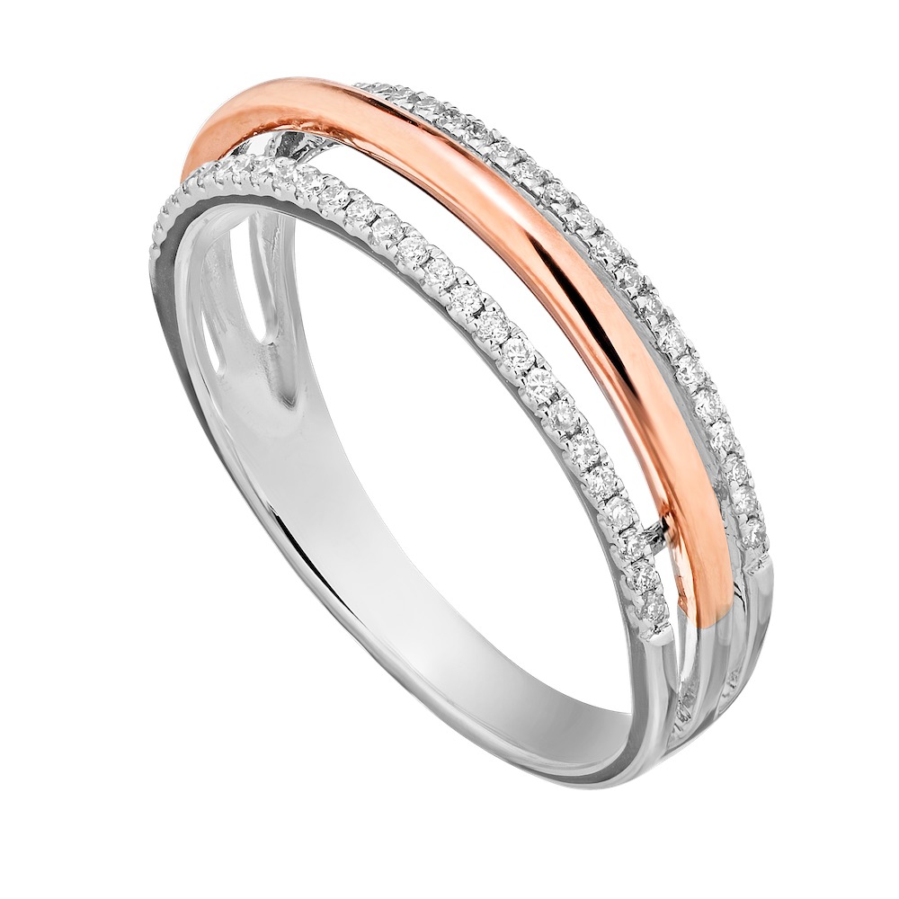 14K Two Tone 3 Rows with Negative Space Between Outside Pave, Inside Polished Diamond Ring 0.54 Ctw