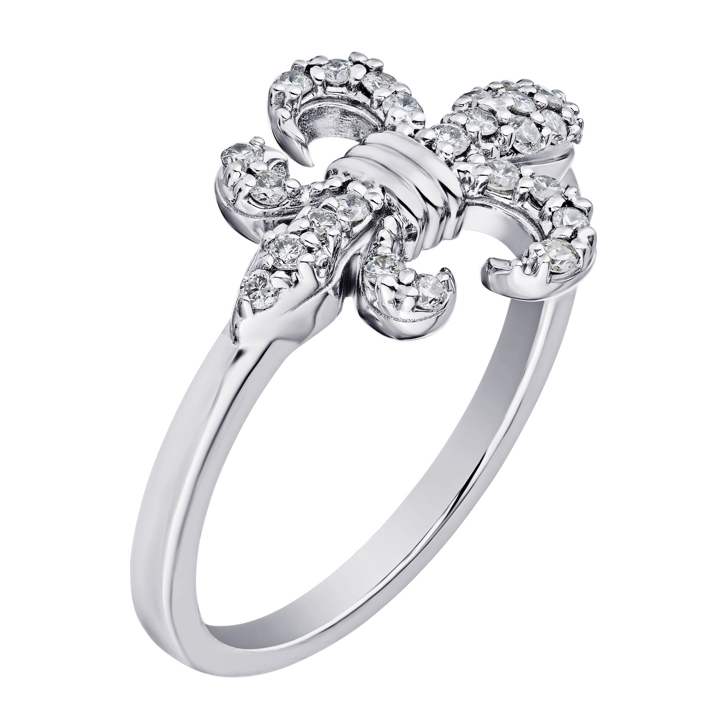 Lis Royale&trade; 14K White Gold Horizontal Pave Set Fleur-De-Lis Plain Shank Ring 0.25 Ctw Diamond