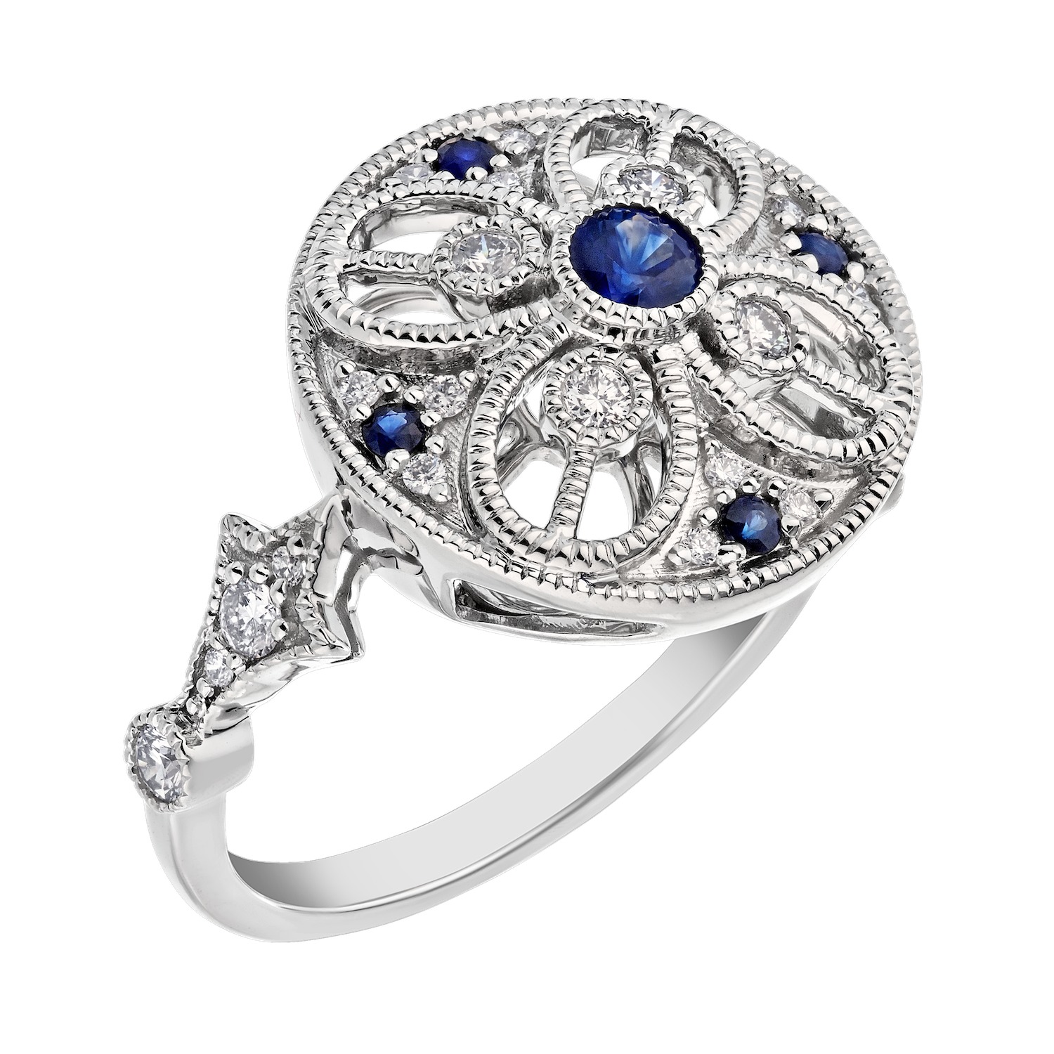 Vintage Treasures&trade; 14k White Gold Round Art Deco Style Bezel Set Center Ring Diamond & Blue Sapphire 0.51 Ctw