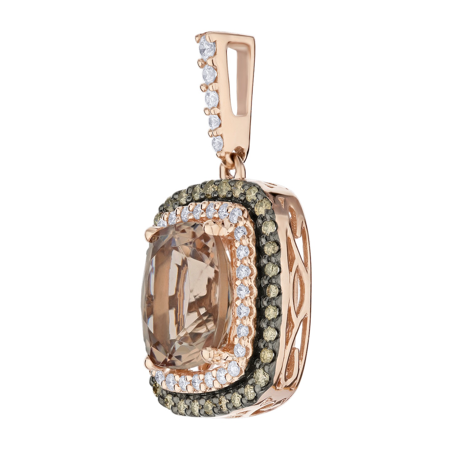 Peach Blossom&trade; 14k Rose Gold Elongated Center with Cognac & White Diamond Double Halo Pendant Diamond 1.61 Ctw