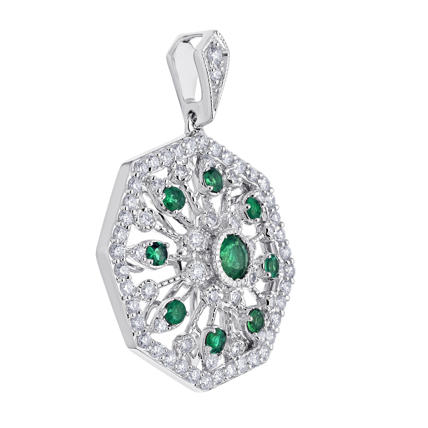 Vintage Treasures&trade; 14k White Gold Octagonal Open Filigree with Bezel Set Stones Pendant Diamond & Emerald 1.10 Ctw