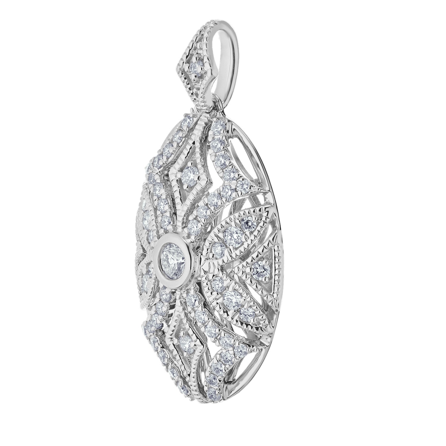 Vintage Treasures&trade; 14k White Gold Oval Filigree with Bezel Set Center Pendant Diamond 0.50 Ctw