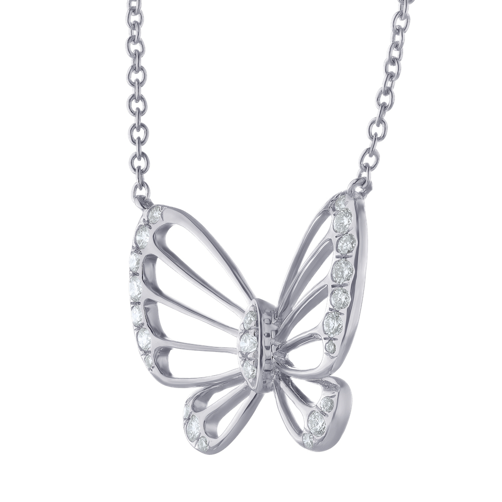 ZooLightful&trade; 14K White Gold Cutout Butterfly with Diamond Edged Wings Necklace Diamond 0.23 Ctw
