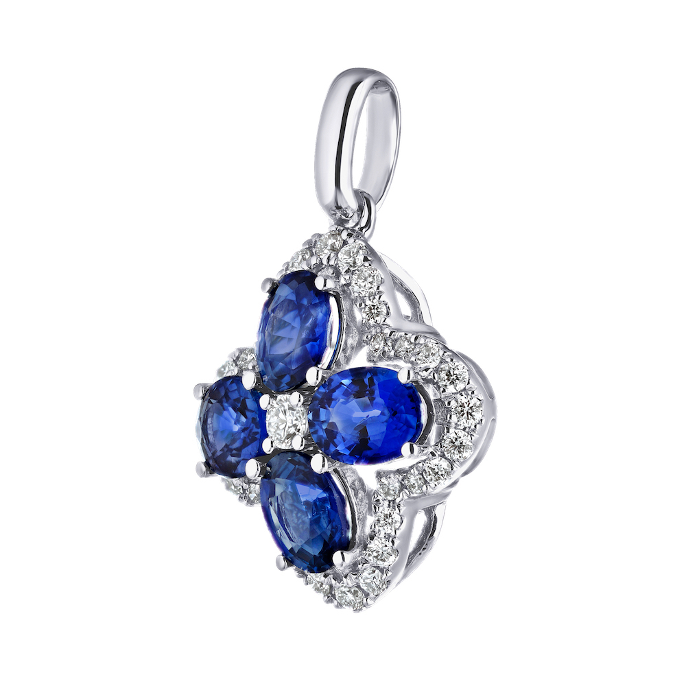 Majestic Gems&trade; 14k White Gold Color Clover with Halo Blue Sapphire & Diamond 1.31 Ctw