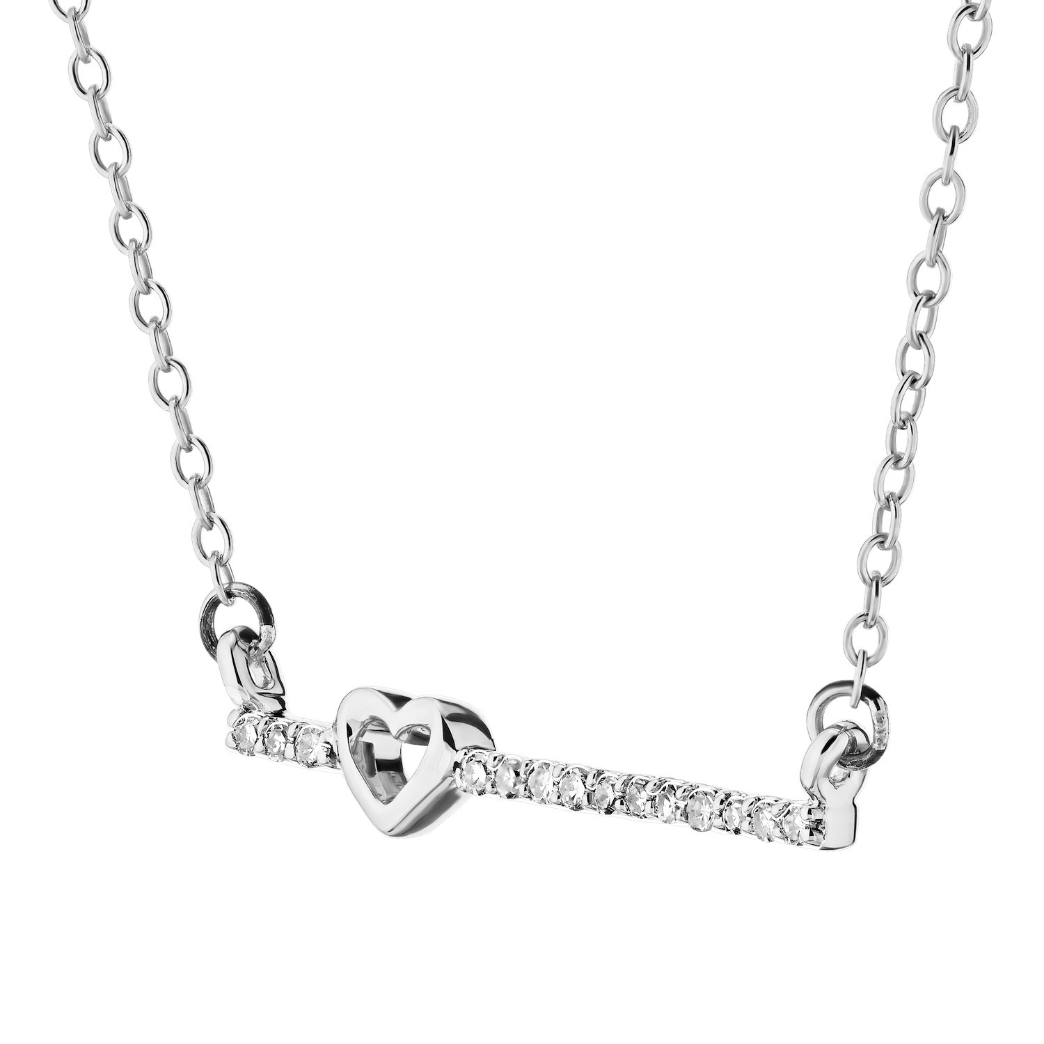 10K White Gold Pendant Pave Set Bar with Cutout Heart Diamond 0.05 Ctw