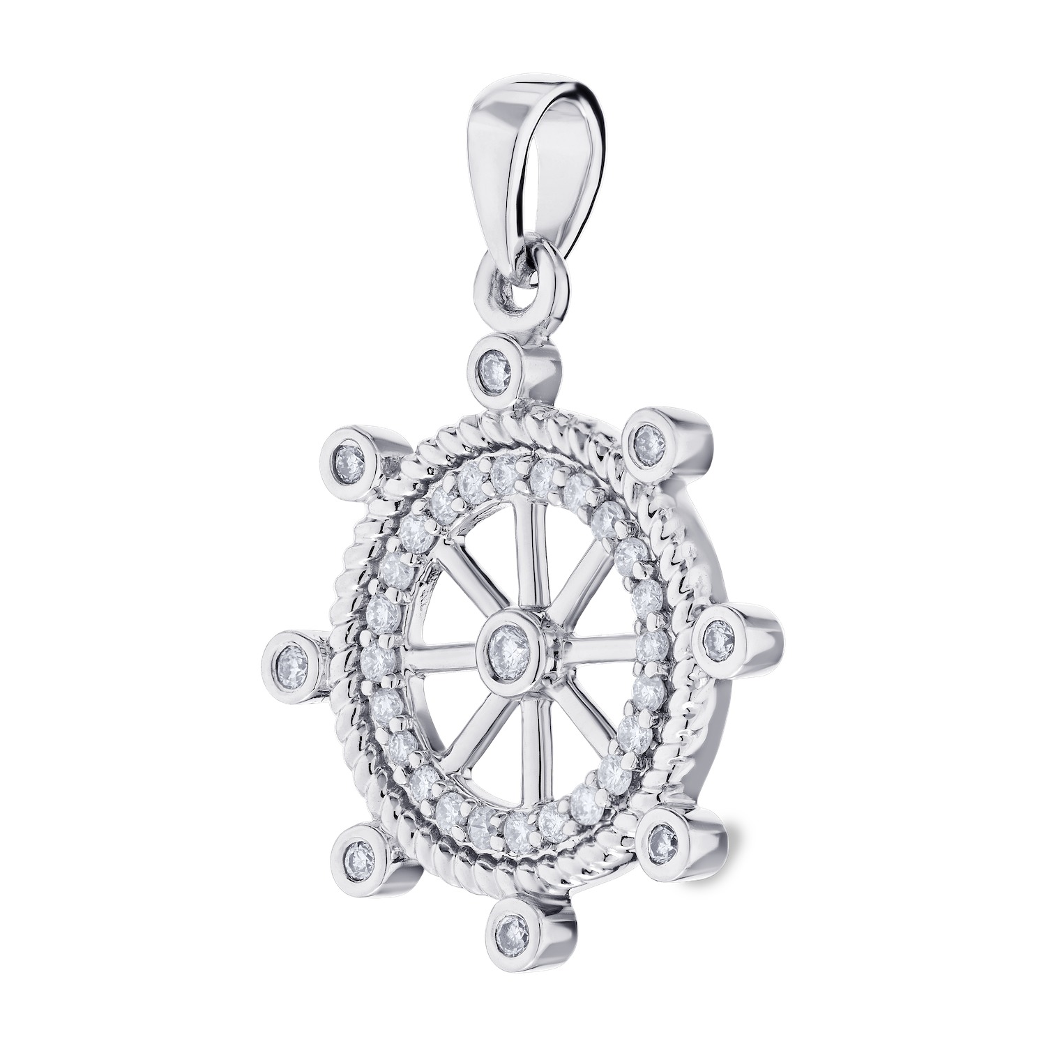 BluSea&trade; 14k White Gold Pendant Ships Wheel Bezel Set Diamonds Twisted Wire Frame Diamond 0.15 Ctw