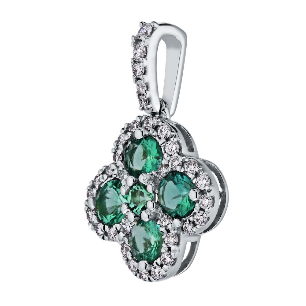 Majestic Gems&trade; 14k White Gold Color Stone Clover Center with Halo Emerald & Diamond 0.50 Ctw