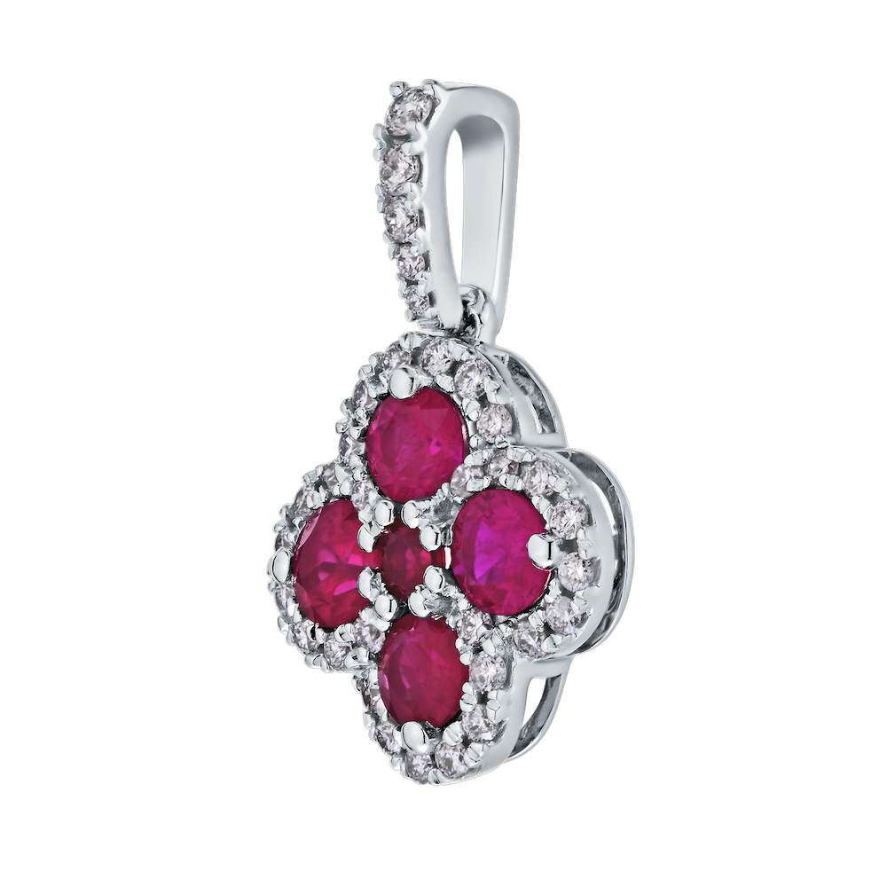 Majestic Gems&trade; 14k White Gold Color Stone Clover Center with Halo Ruby & Diamond 0.50 Ctw