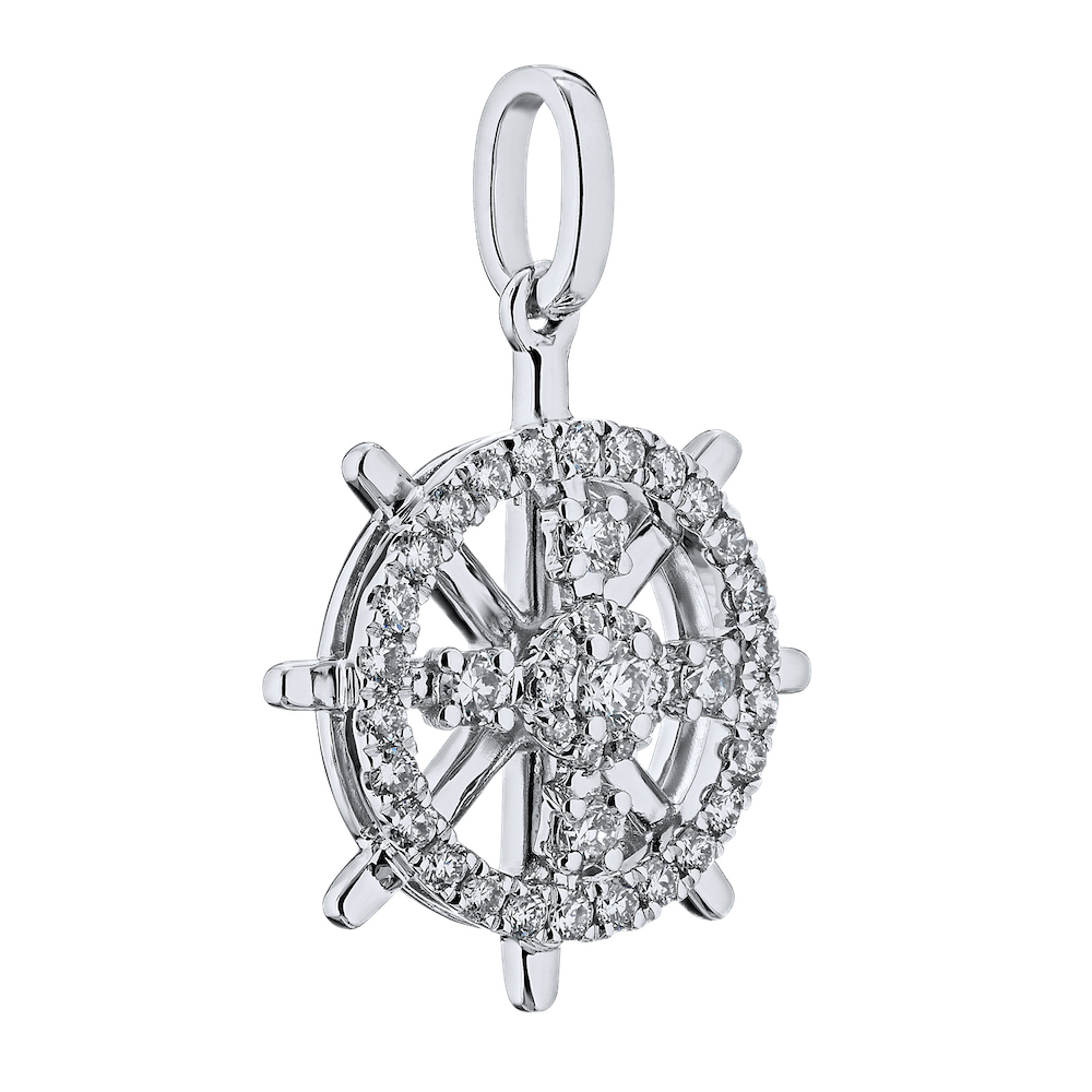 BluSea&trade; 14k White Gold Pendant Ships Wheel Prong Set Diamonds in Center Diamond 0.25 Ctw