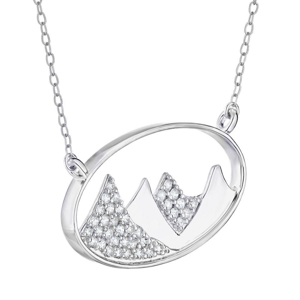 Diamond Peak&trade; 14K White Gold Necklace Oval Cutout with Pave & Polished Mountains Diamond 0.25 Ctw