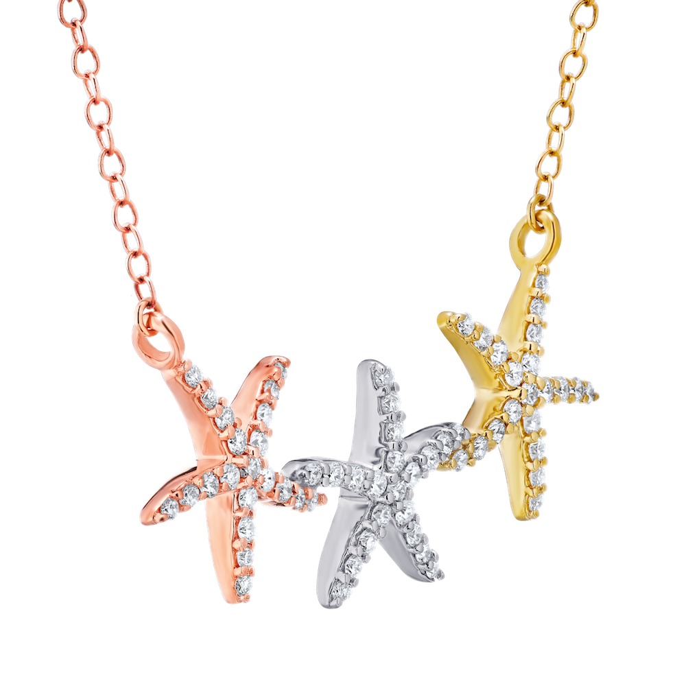 Oceanity&trade; 14K Two Tone Necklace Three Pave Set Starfish Diamond 0.40 Ctw