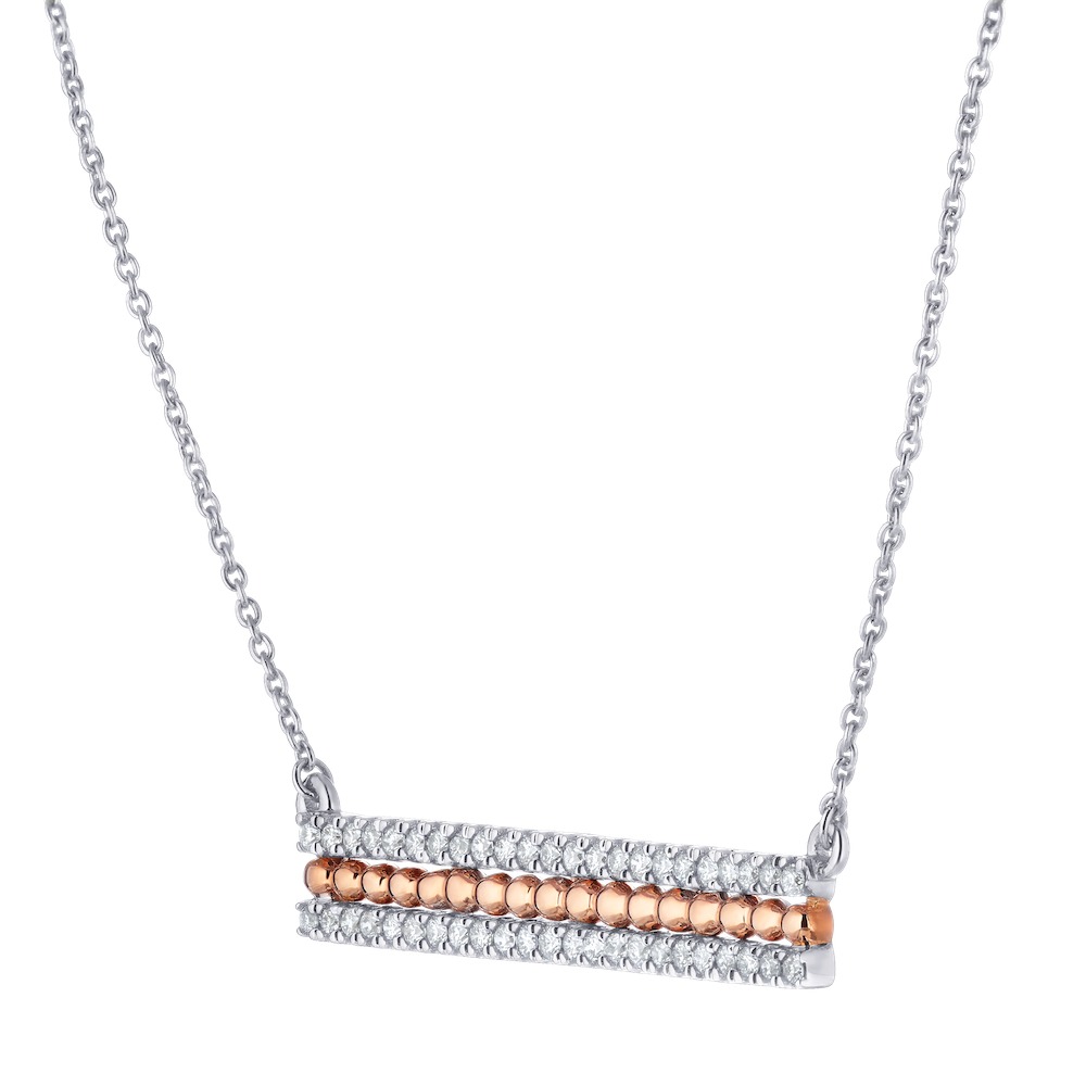 14K Two Tone Beaded Bar with Prong Set Diamond Each Side Necklace Diamond 0.33 Ctw