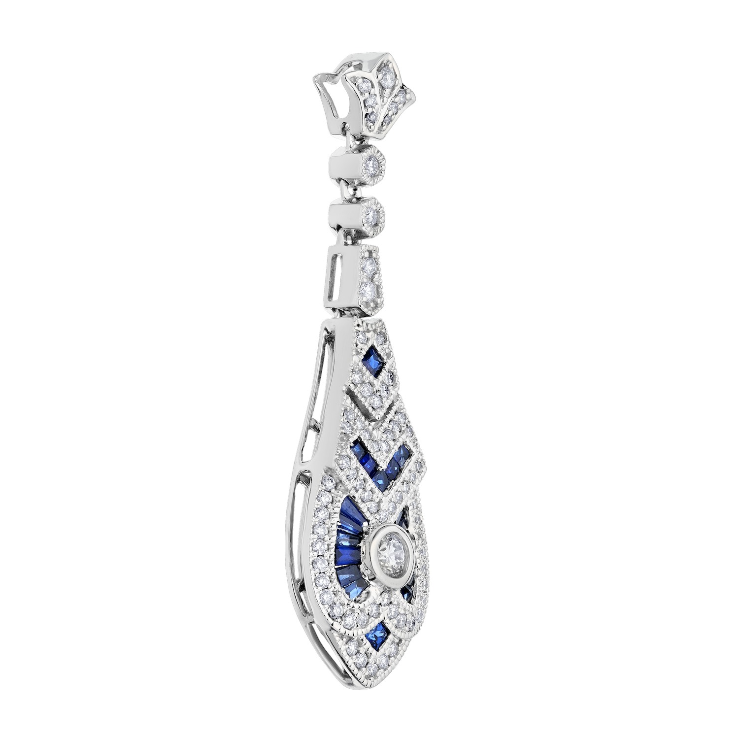 Vintage Treasures&trade; 14k White Gold Elongated Art Deco Style with Tulip Bail Pendant Diamond & Blue Sapphire 0.95 Ctw