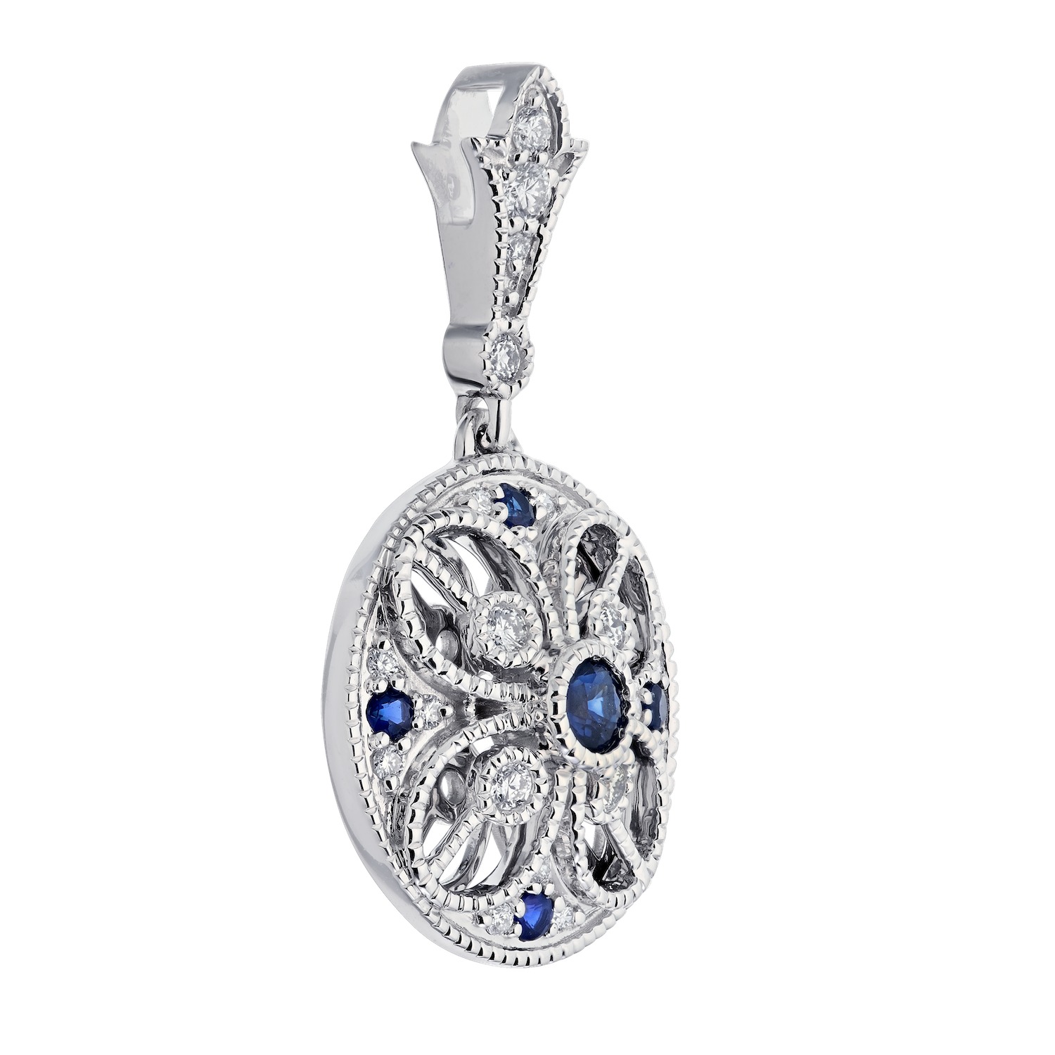 Vintage Treasures&trade; 14k White Gold Round Filagree Art Deco Style with Tulip Bail Pendant Diamond & Blue Sapphire 0.60 Ctw
