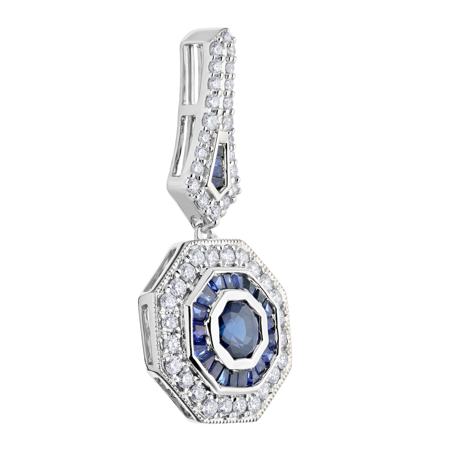Vintage Treasures&trade; 14k White Gold Art Deco Hexagonal Sapphire & Diamond Pendant Diamond & Blue Sapphire 1.15 Ctw