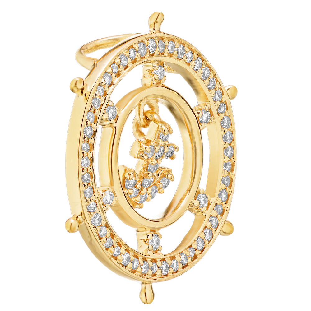 BluSea&trade; 14k Yellow Gold Pendant Ships Wheel with Anchor Center Diamond 0.25 Ctw