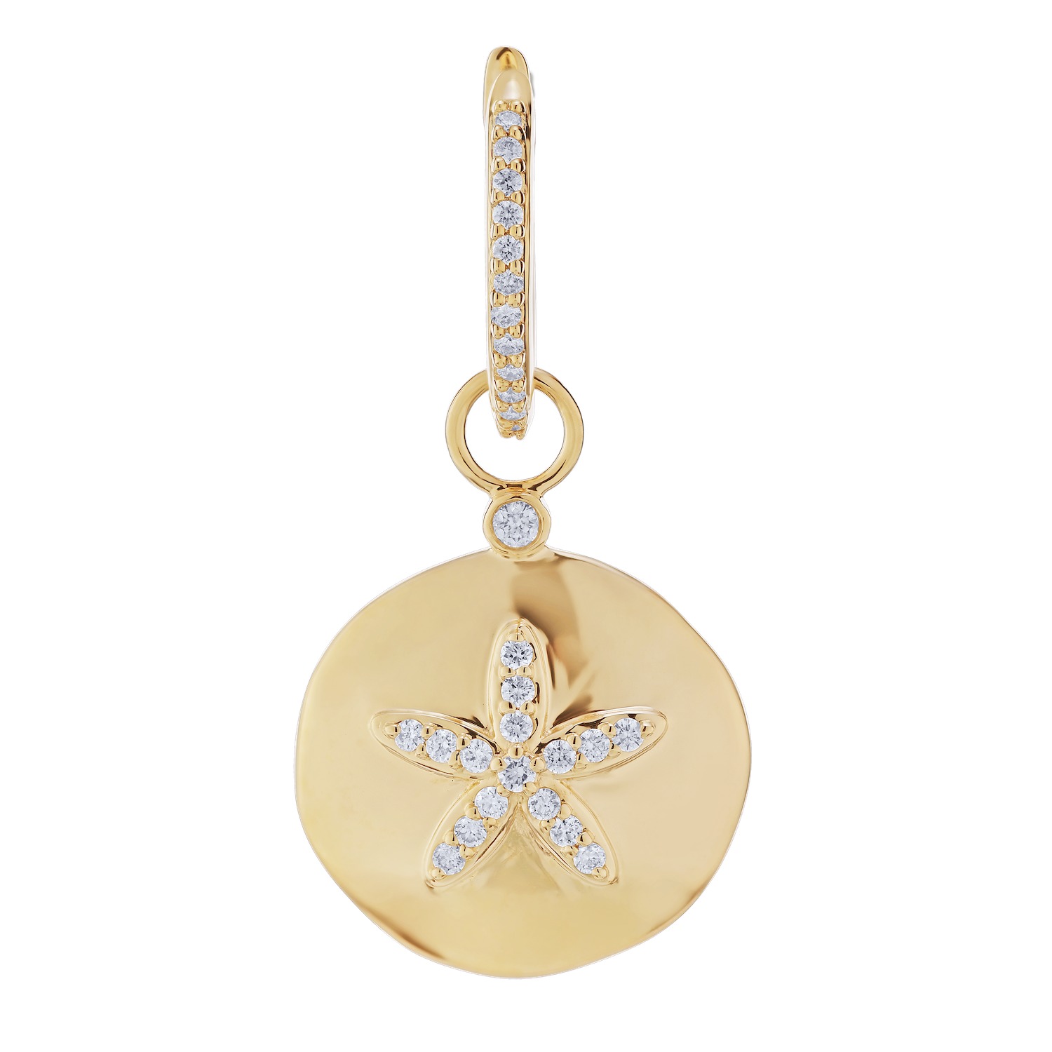 Oceanity™ 14k Yellow Gold Earrings Sand Dollar Drops on Hoops Diamond 0.50 Ctw
