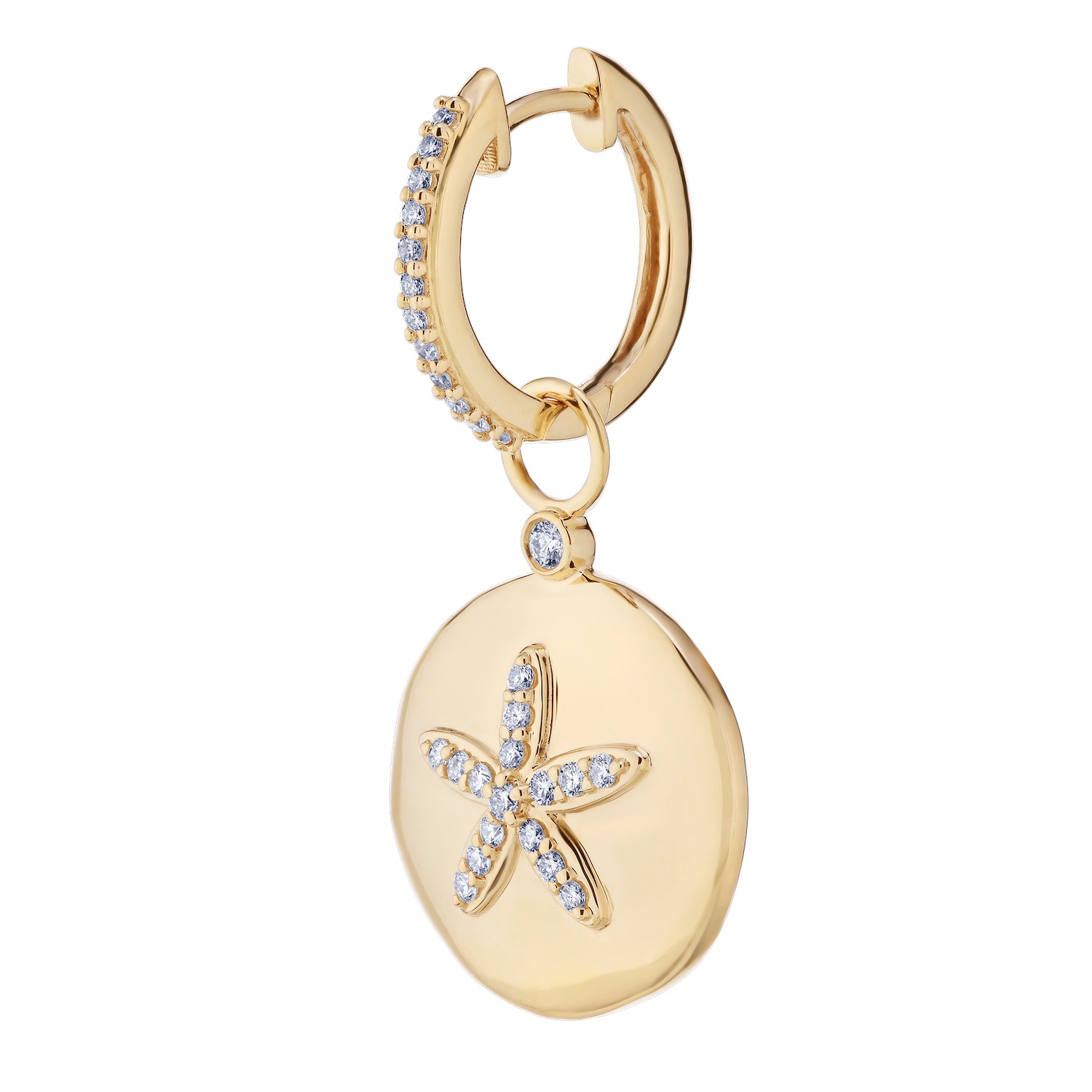 Oceanity™ 14k Yellow Gold Earrings Sand Dollar Drops on Hoops Diamond 0.50 Ctw