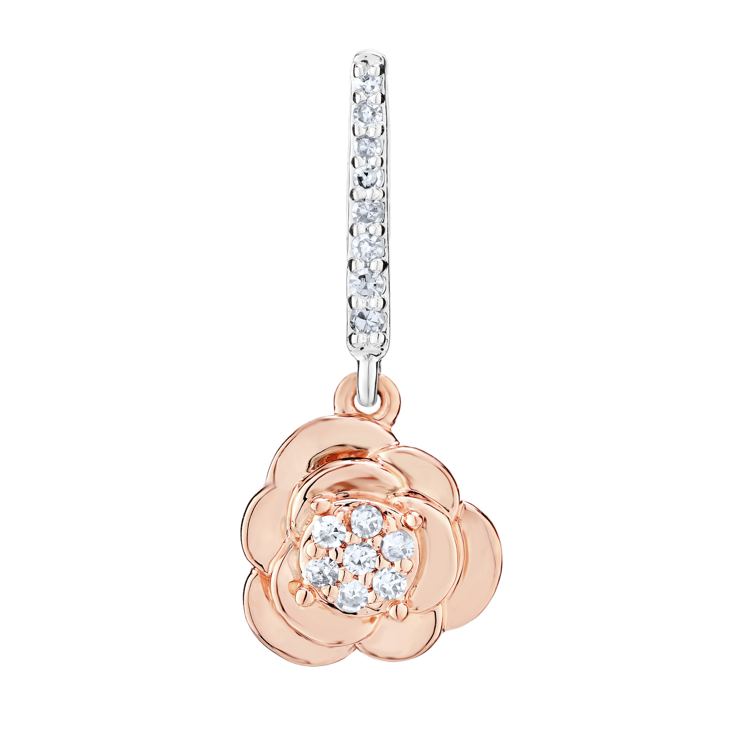 Earring: 10TT Drop Flower With Pave Center 30 Rd. 1/5 Ctw