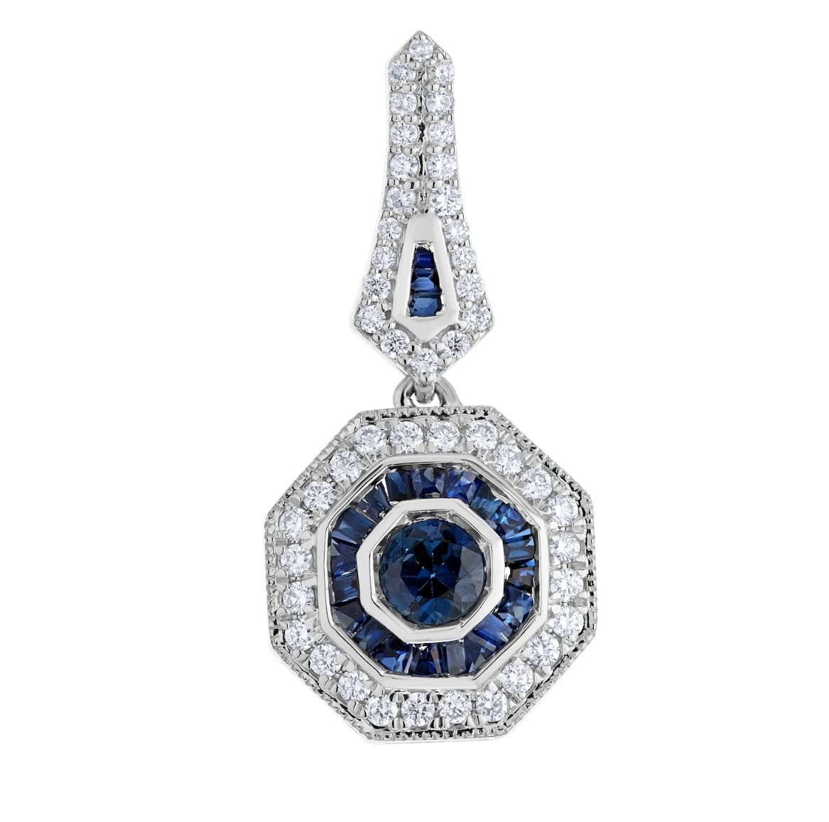 Vintage Treasures&trade; 14k White Gold Hexagonal Shaped Art Deco Drops Earrings Diamond & Blue Sapphire 1.78 Ctw