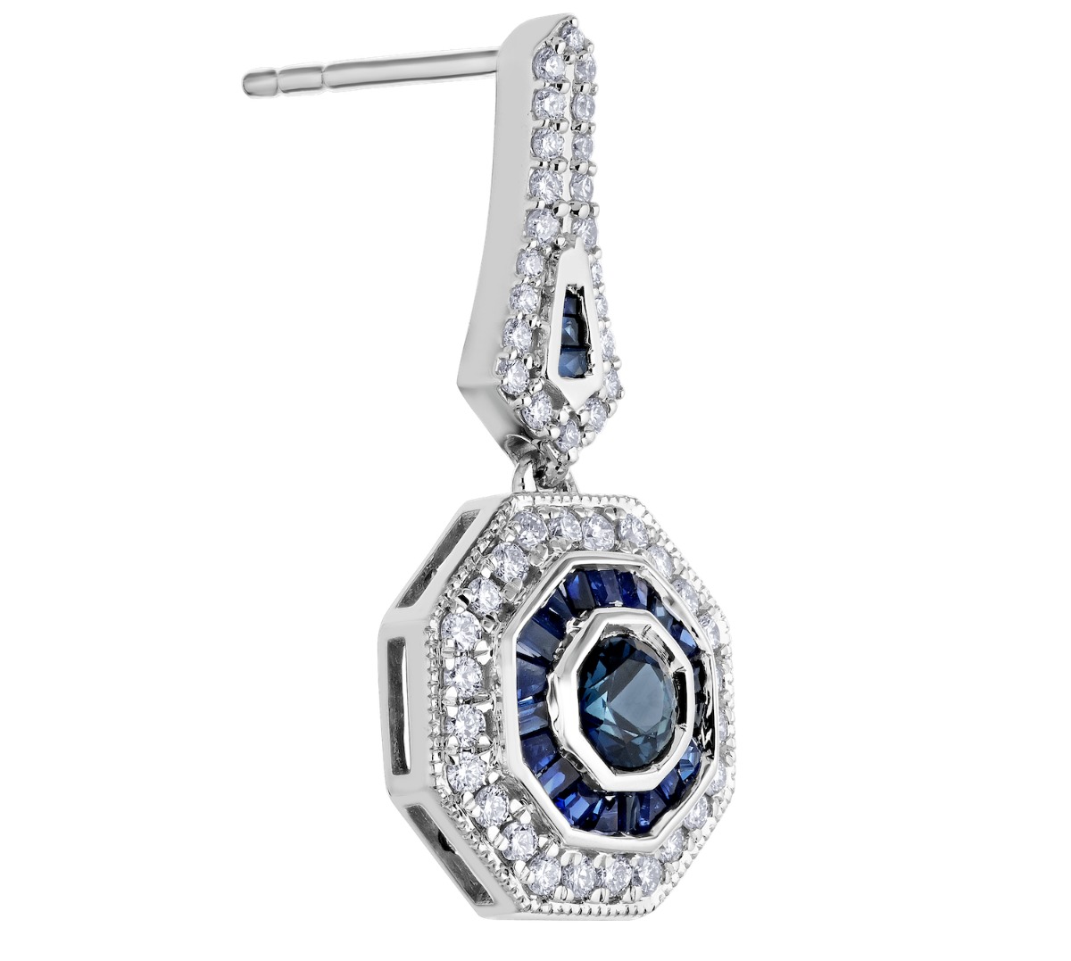 Vintage Treasures&trade; 14k White Gold Hexagonal Shaped Art Deco Drops Earrings Diamond & Blue Sapphire 1.78 Ctw