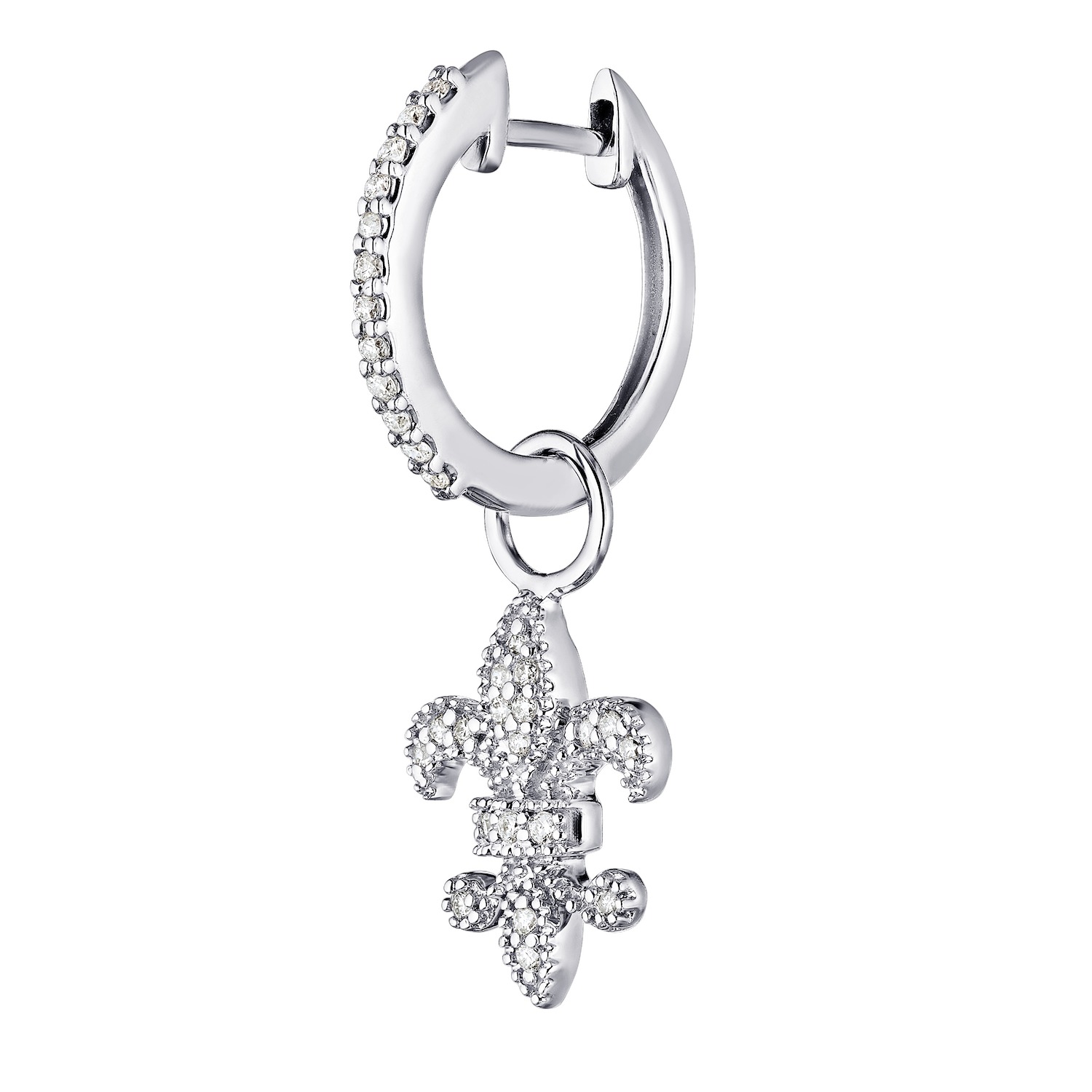 Lis Royale&trade; 14K White Gold Pave Fleur-De-Lis Charm Drop on Hoop Earrings 0.33 Ctw Diamond