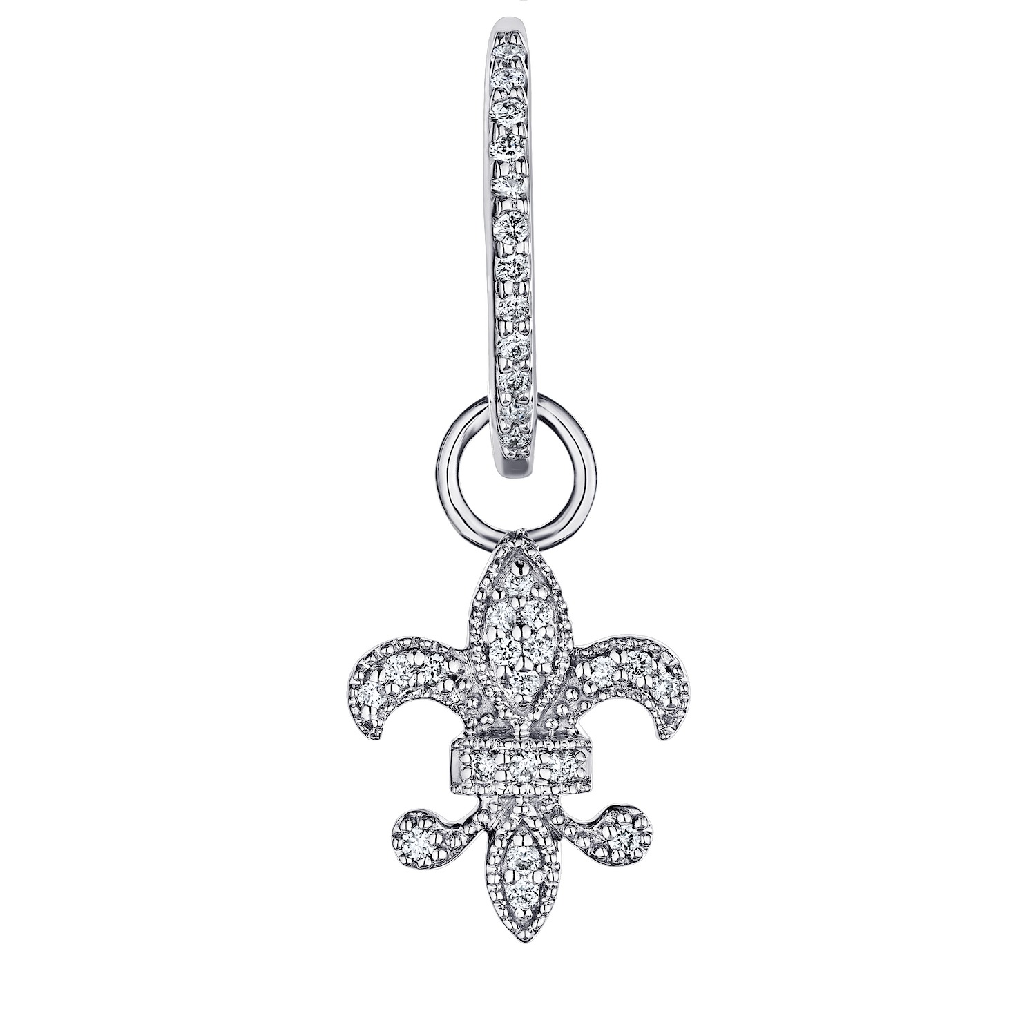Lis Royale&trade; 14K White Gold Pave Fleur-De-Lis Charm Drop on Hoop Earrings 0.33 Ctw Diamond