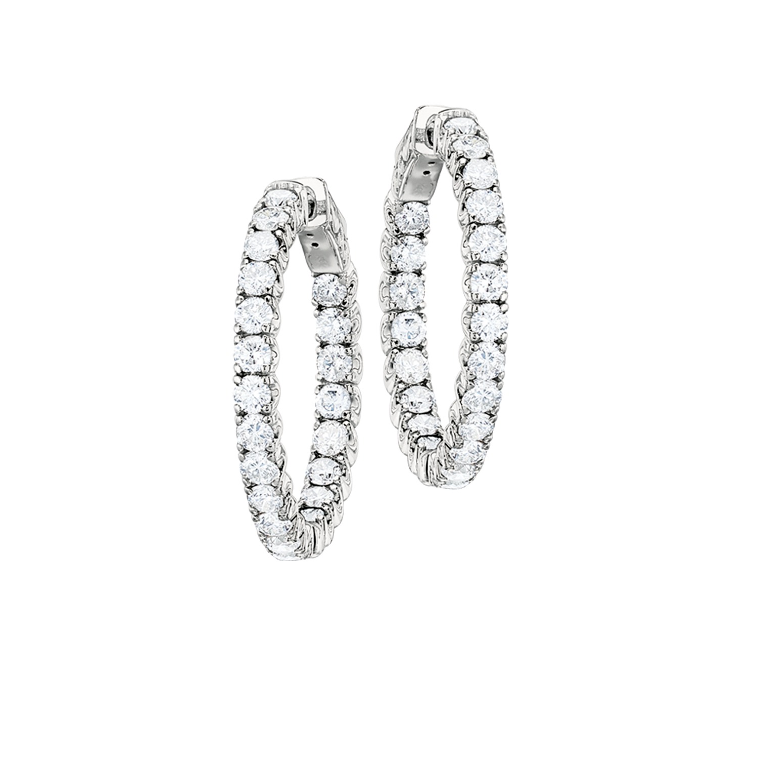 14K White Gold Earrings Inside/Outside Single Row Hoops Vault Lock Diamond 1.50 Ctw
