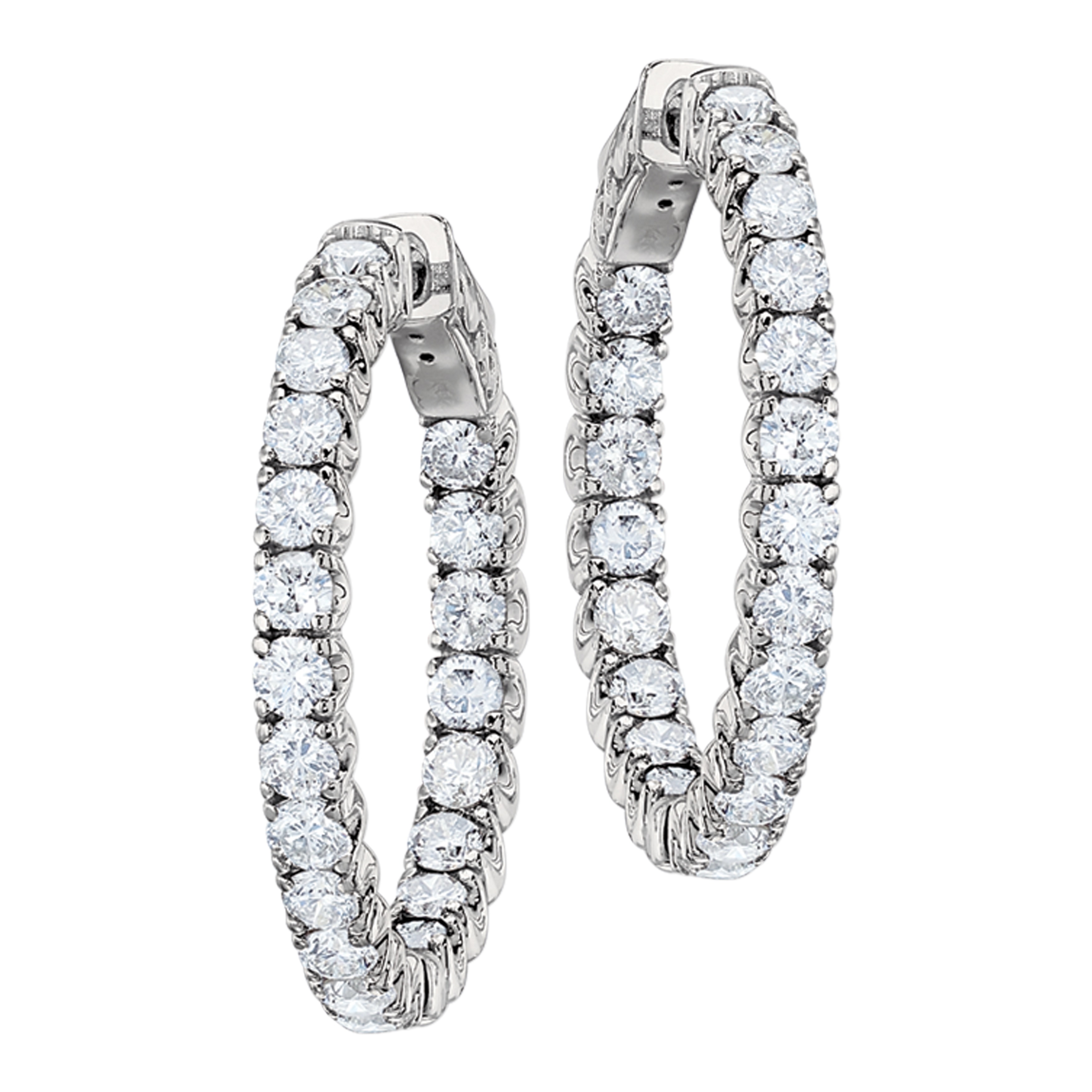 14K White Gold Earrings Round Inside/Outside Single Row Hoops Vault Lock Diamond 1.25 Ctw