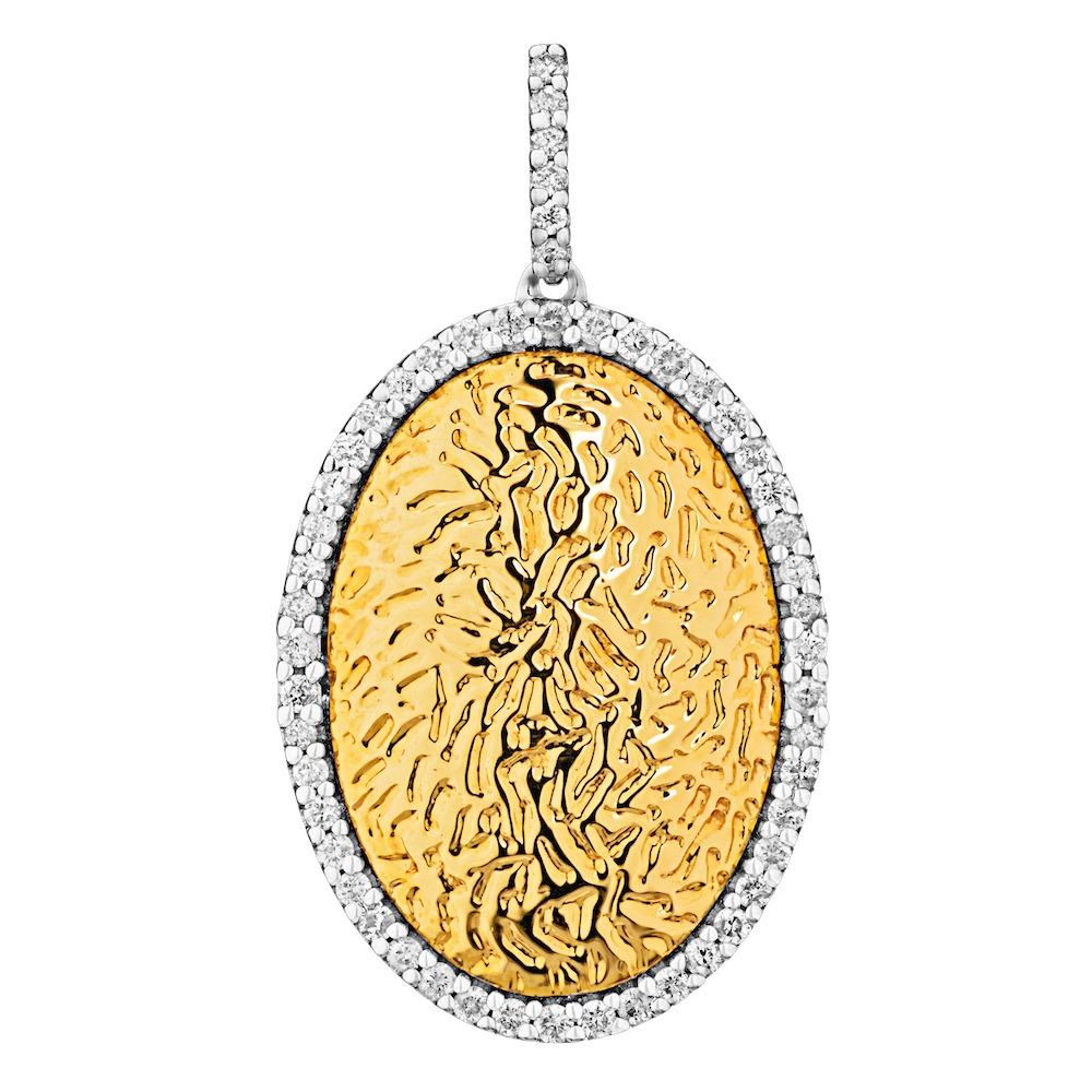 Textura&trade; 14K Two Tone Oval Textured Gold with Halo Drop Diamond 0.50 Ctw