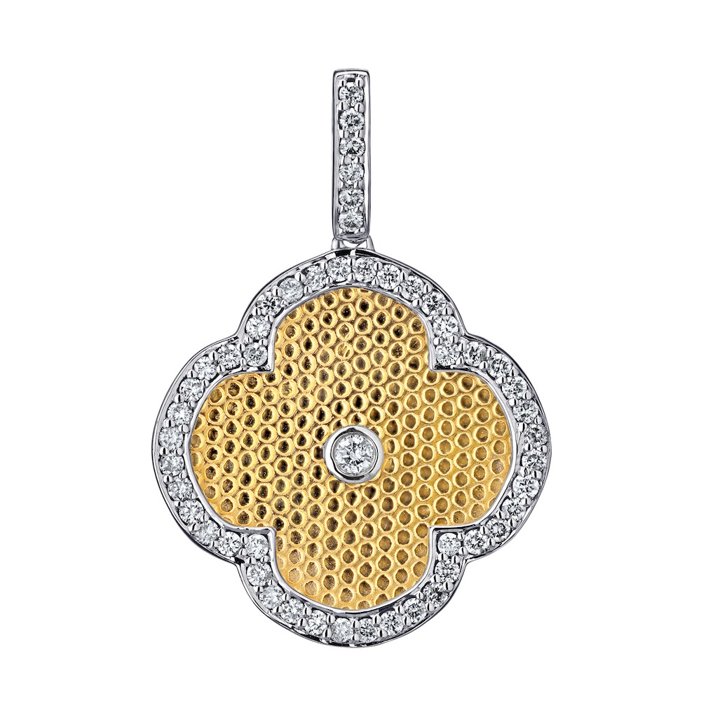 Textura&trade; 14K Two Tone Textured Clover with Halo Drop Diamond 0.60 Ctw