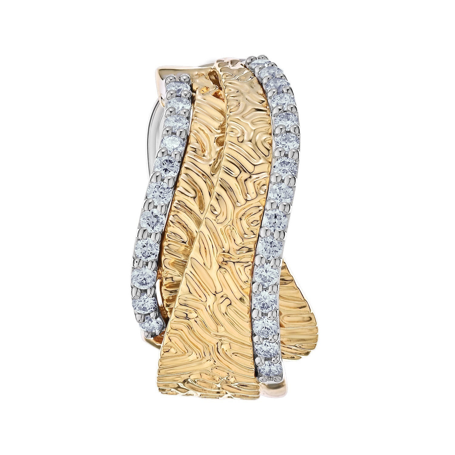 Textura&trade; 14K Two Tone Textured Wavy Hoop with Pave Rails Diamond 0.50 Ctw