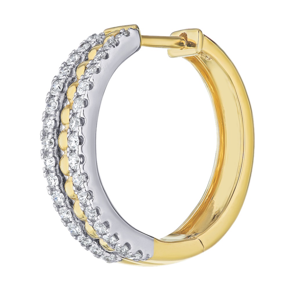 14K Two Tone Earrings Bubble Center Pave Rails Hoop Diamond 0.65 Ctw