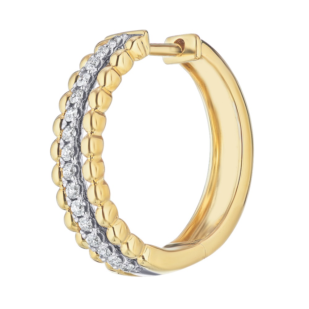 14K Two Tone Earrings Pave Center Bubble Row Each Side Hoop Diamond 0.25 Ctw