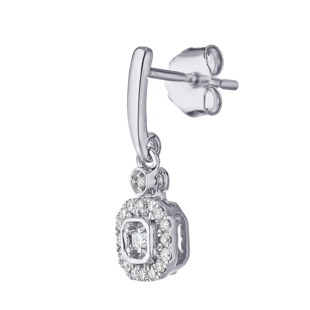 14K White Gold Earrings Illusion Asscher Shape Halo Drop Diamond 0.25 Ctw