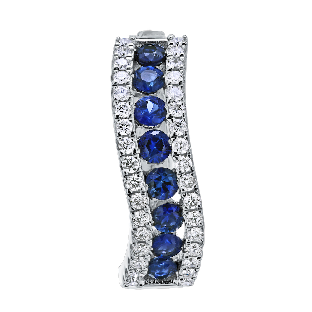 Majestic Gems&trade; 14k White Gold Channel Set Color Pave Rails Slight Curve Hoops Blue Sapphire & Diamond 1.25 Ctw