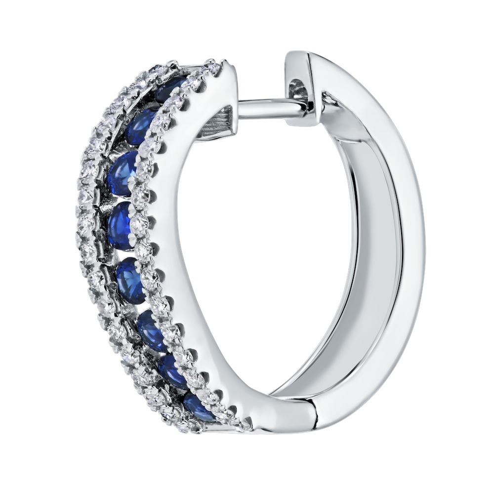 Majestic Gems&trade; 14k White Gold Channel Set Color Pave Rails Slight Curve Hoops Blue Sapphire & Diamond 1.25 Ctw