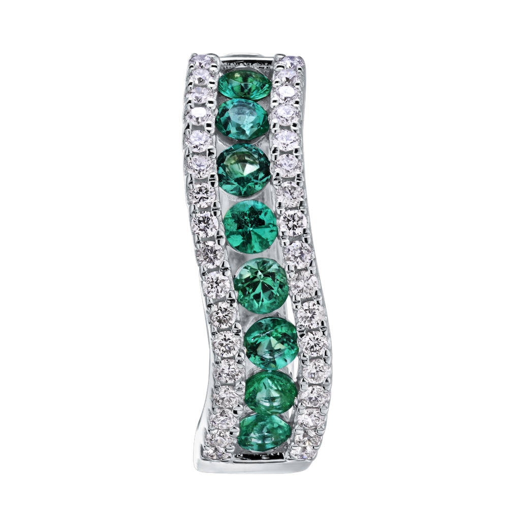 Majestic Gems&trade; 14k White Gold Channel Set Color Pave Rails Slight Curve Hoops Emerald & Diamond 1.25 Ctw