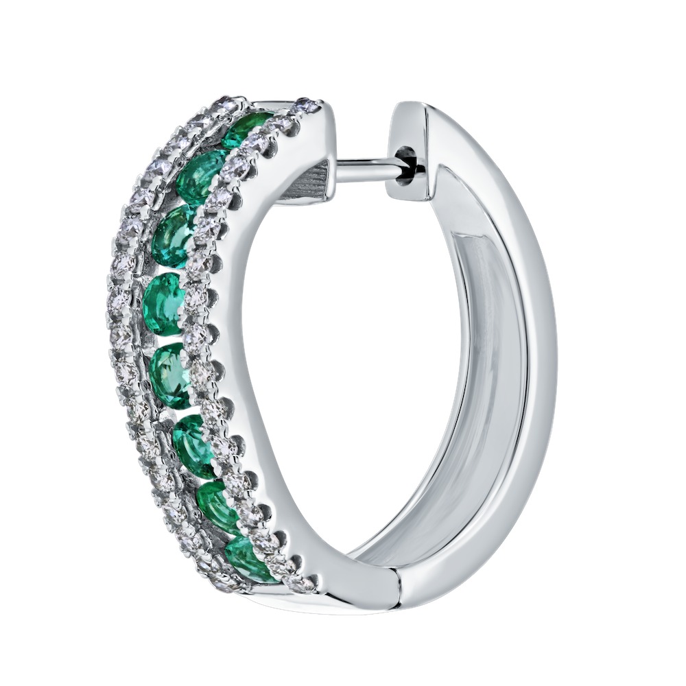 Majestic Gems&trade; 14k White Gold Channel Set Color Pave Rails Slight Curve Hoops Emerald & Diamond 1.25 Ctw
